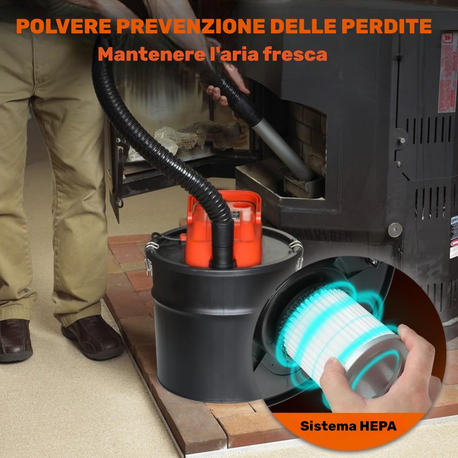 Bidone Aspiracenere Senza Sacco 800W 18LT con filtro HEPA Potenza di Aspirazione 16 KPA Tubo da 1,3 mt Becco in Alluminio Aspira Cenere per Camino Stufa a Pellet Barbecue con Funzione Soffiante