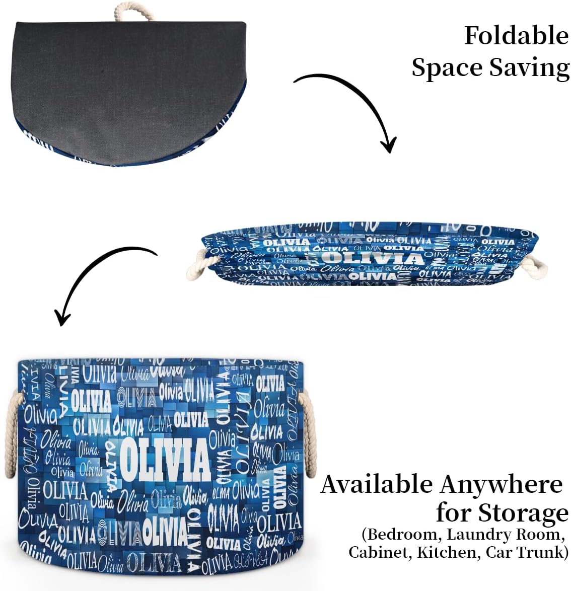 Personalized Name Round Storage Basket, Men Boys Blue Geometric Pattern Storage Bins Toys Clothes Blanket Snacks Organizer for Bedroom, Kitchen, Bathroom, Nursery, Shelves, Closets