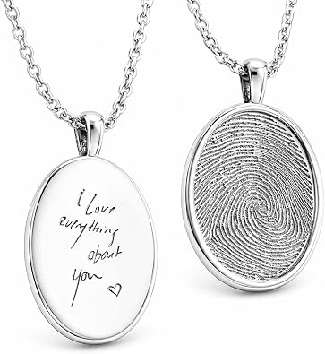 Drawelry Personalized Fingerprint Necklace, Custom Handwriting Engraved Pendant Sterling Silver Memorial Jewelry, Oval Necklace Anniversary Birthday Gift for Women Men Mother Father