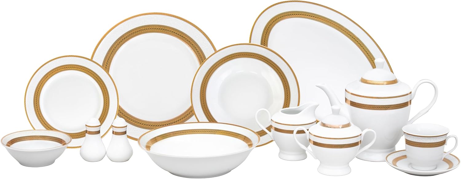 Porcelain Dinnerware Set for 8-57 Piece Vintage Dining Set - White and Gold Rope Design - Includes Plates, Bowls, Cups and Saucers - For Everyday Use and Formal Occasions (Rope Gold 2057)