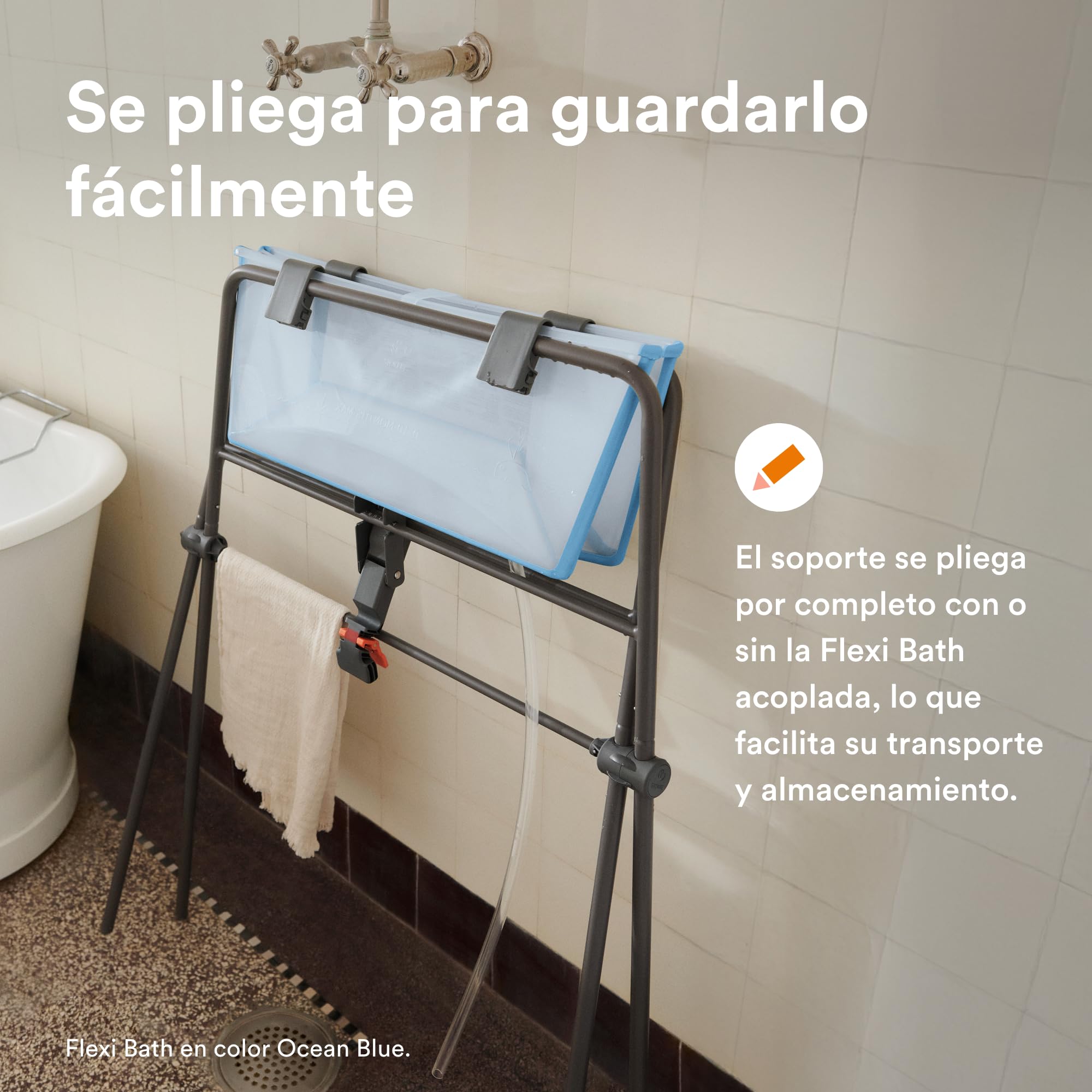 Bañera Flexi Bath de Stokke (Sandy Beige) + Soporte - Bañera Plegable para Bebés hasta 10 kg - Duradera y Fácil de Guardar - Cómoda para Casa o Viaje