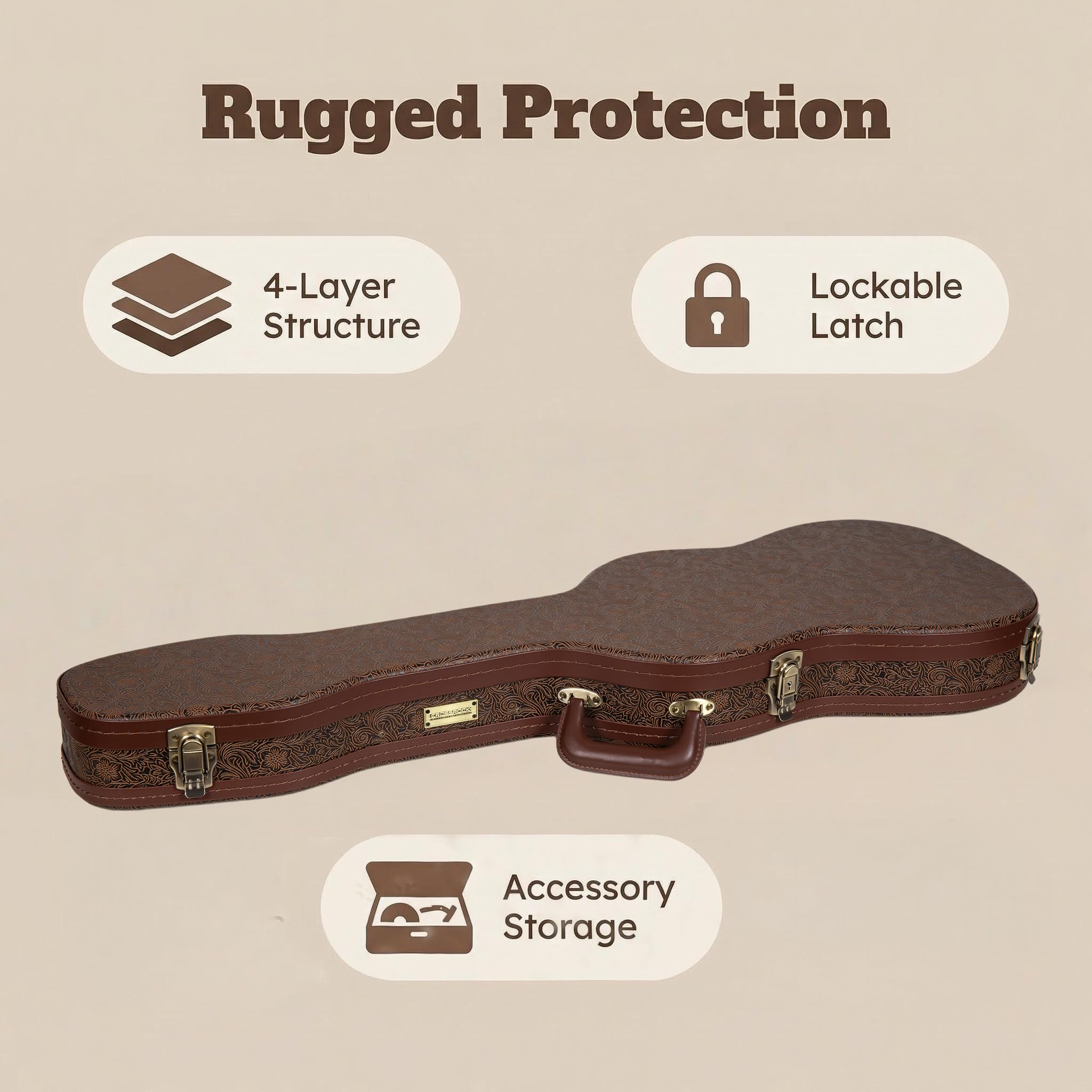 Crossrock Étui Guitare électrique profilé en Bois pour Fender Stratocaster & Telecaster | Finition Marron Blossom, intérieur Velours Bordeaux, Serrure – Série Designer (CRW530STBQ)