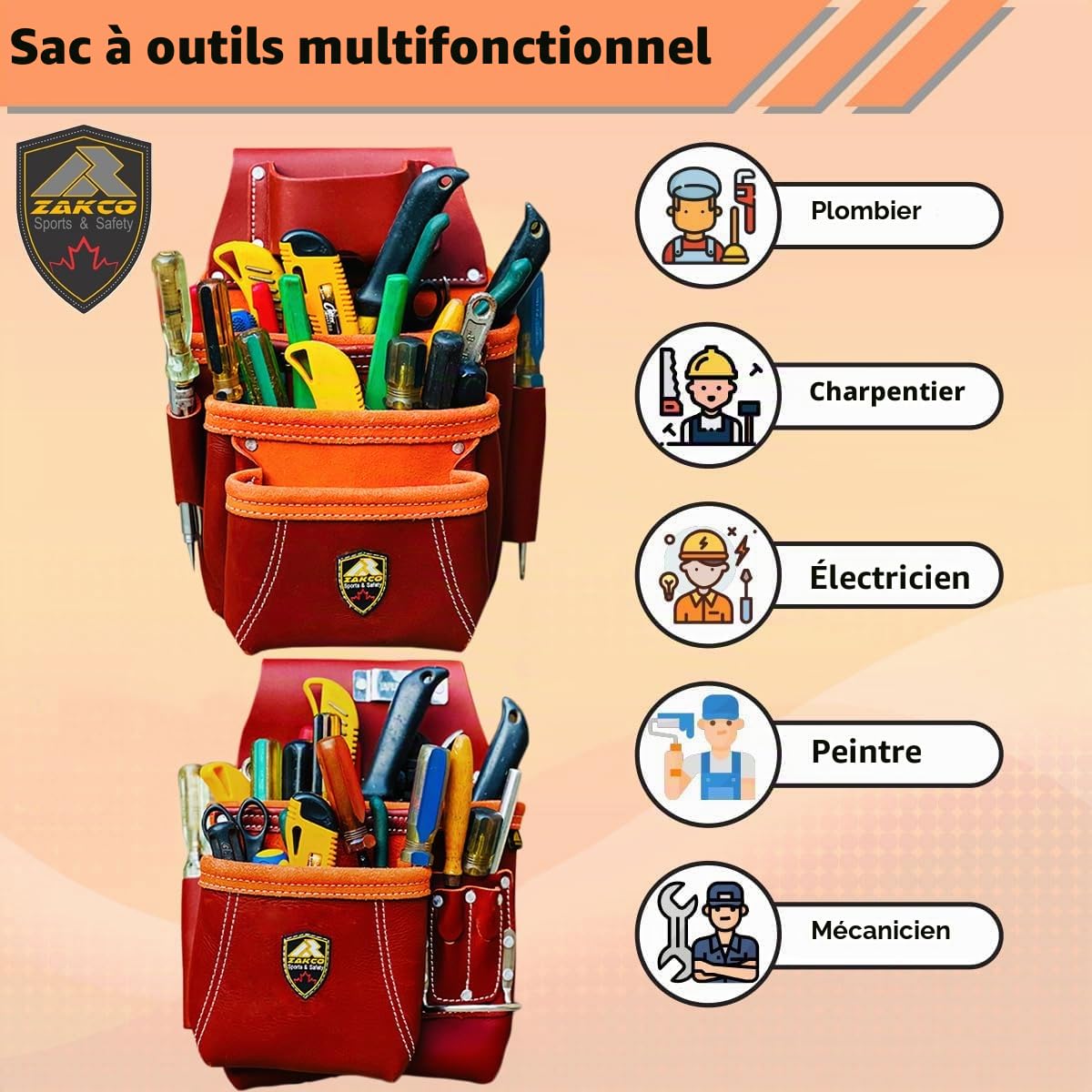 PRO-19 Ceinture à outils de construction multi-poches en cuir véritable grainé pour charpentiers, 2 pochettes en cuir pour encadreurs, bricoleurs, cloisons sèches et couvreurs