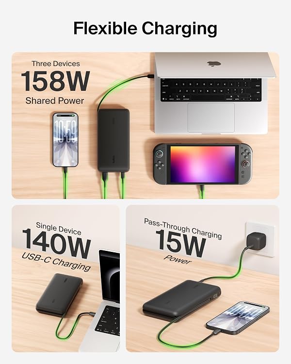 Belkin Portable Charger 25K, Power Bank with Integrated USB C Cable, 158W - Fast Charging Laptop Portable Battery Pack for MacBook Pro 14, iPhone 17 Series, iPad Pro, Galaxy S26, & More - Black by Belkin - Image 4
