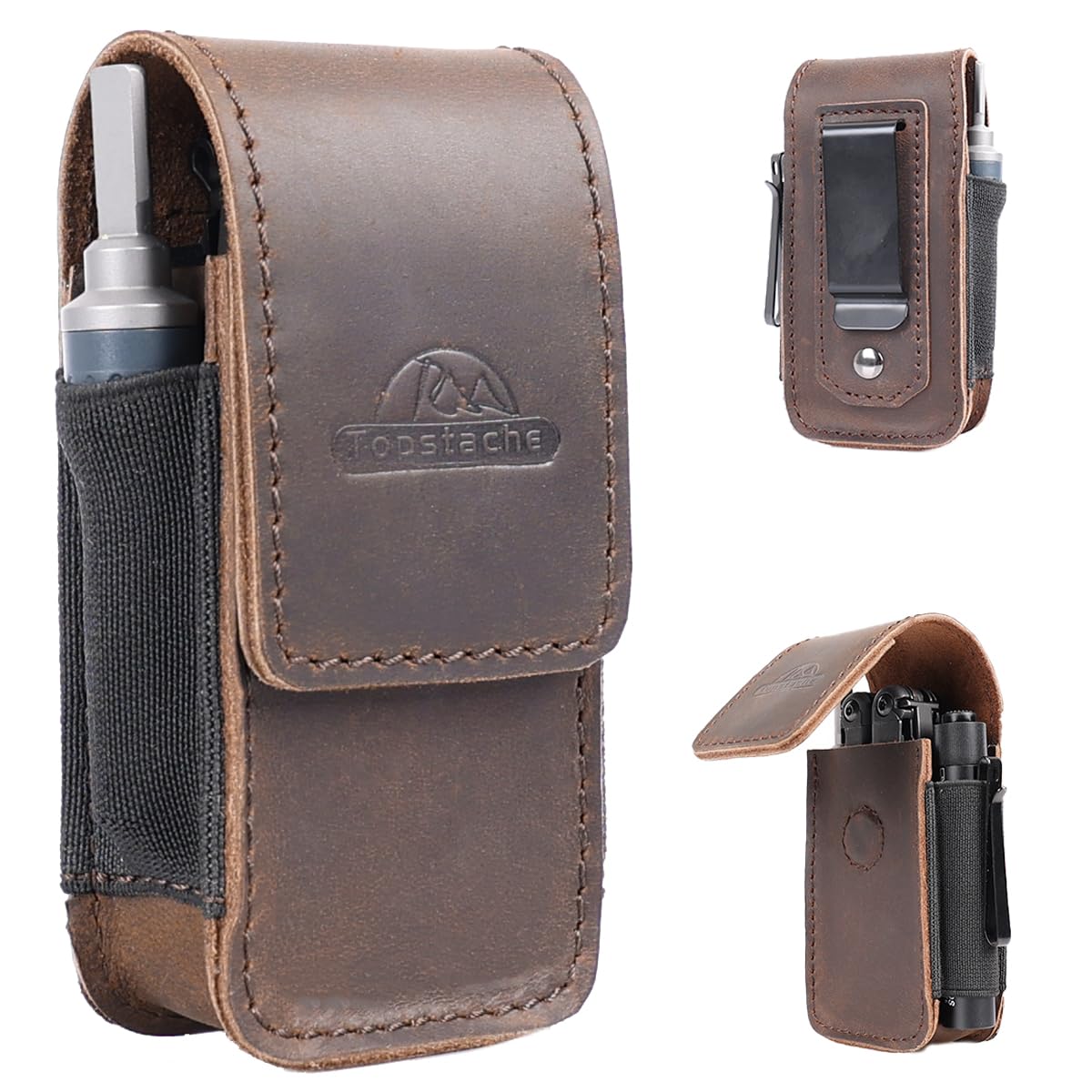 Topstache Leather Multitool Sheath - Belt Clip Multitool Holster for Leatherman - Leather Tool Pouch - Multi Tool Case Sheath for Belt - Magnetic Closure Pocket EDC Organizer, M,DarkBrown