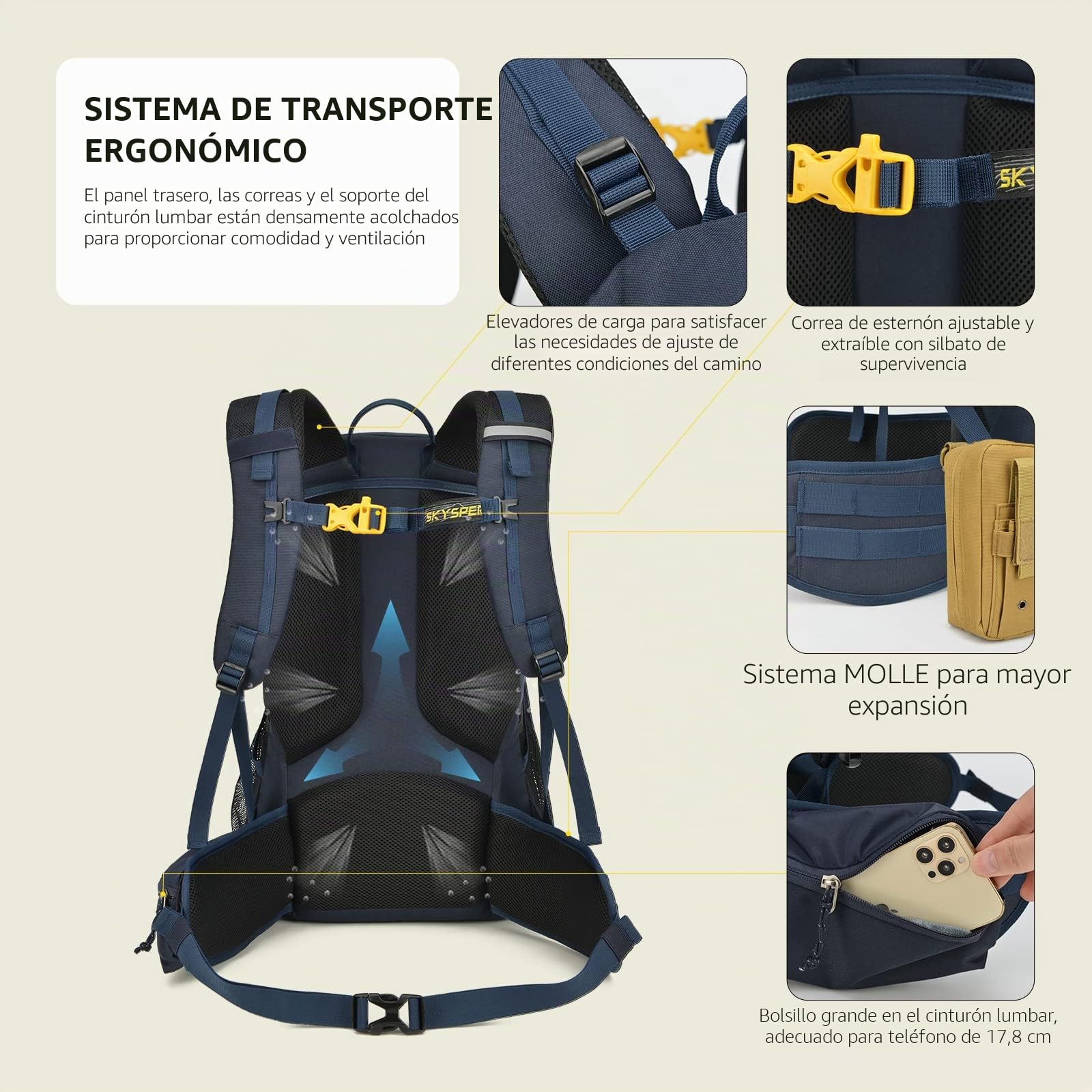 SKYSPER Mochila de Senderismo 35L Impermeable Trekking Hombre Mujer Viajes Acampada Montaña