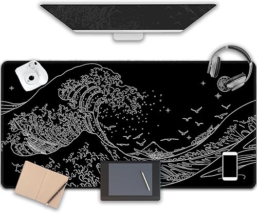 Miniatura 9 de MEWOOCUE Alfombrilla de mouse grande para juegos para computadora, alfombrilla de mouse negra japonesa de anime de olas de mar, almohadillas de