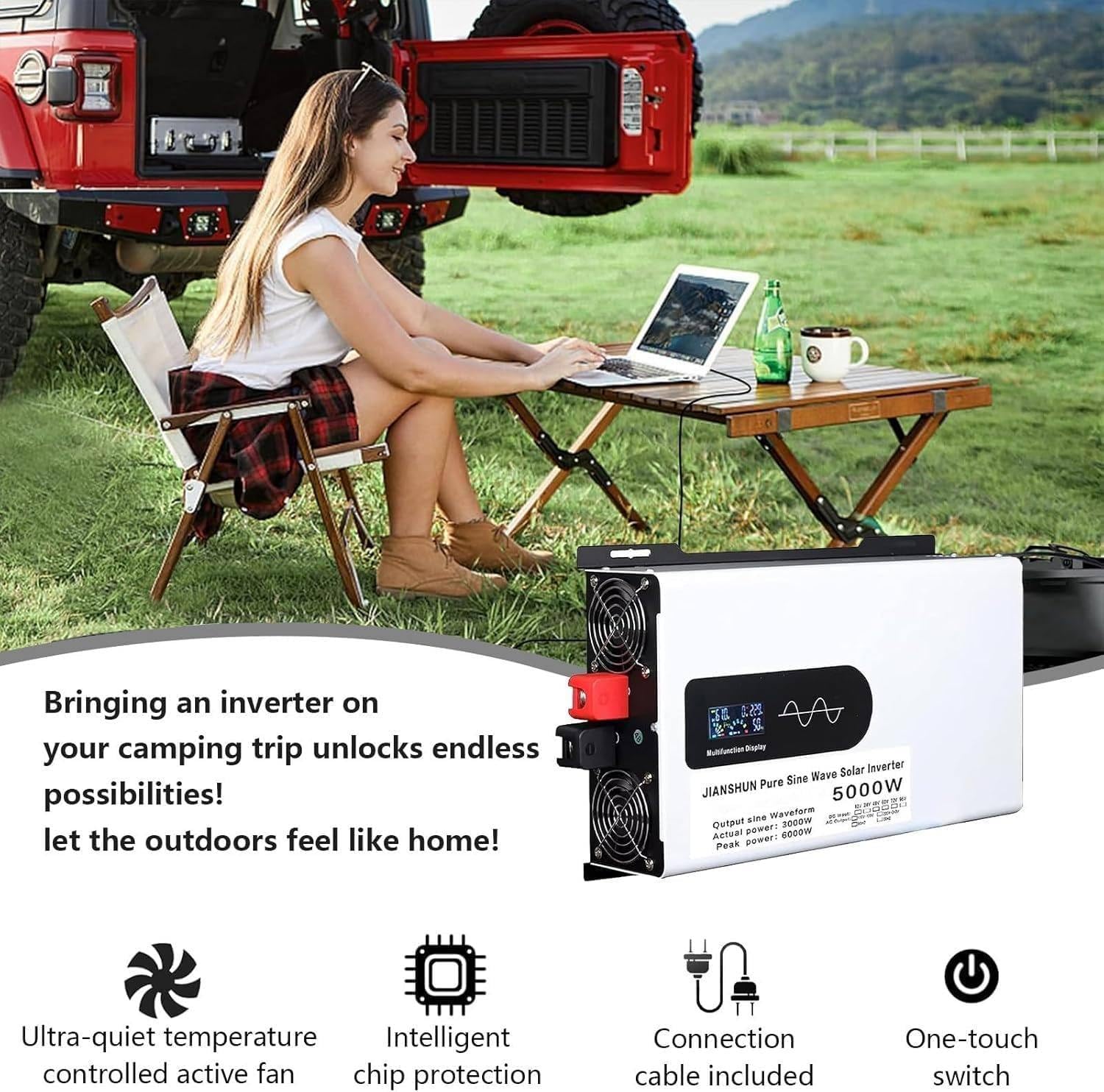 Inverter A Onda Sinusoidale Pura da 3500 W, Potenza di Picco di 7000 W, Corpo Interamente in Metallo con Display Intelligente HD, per Camper, Pannelli Solari 12v