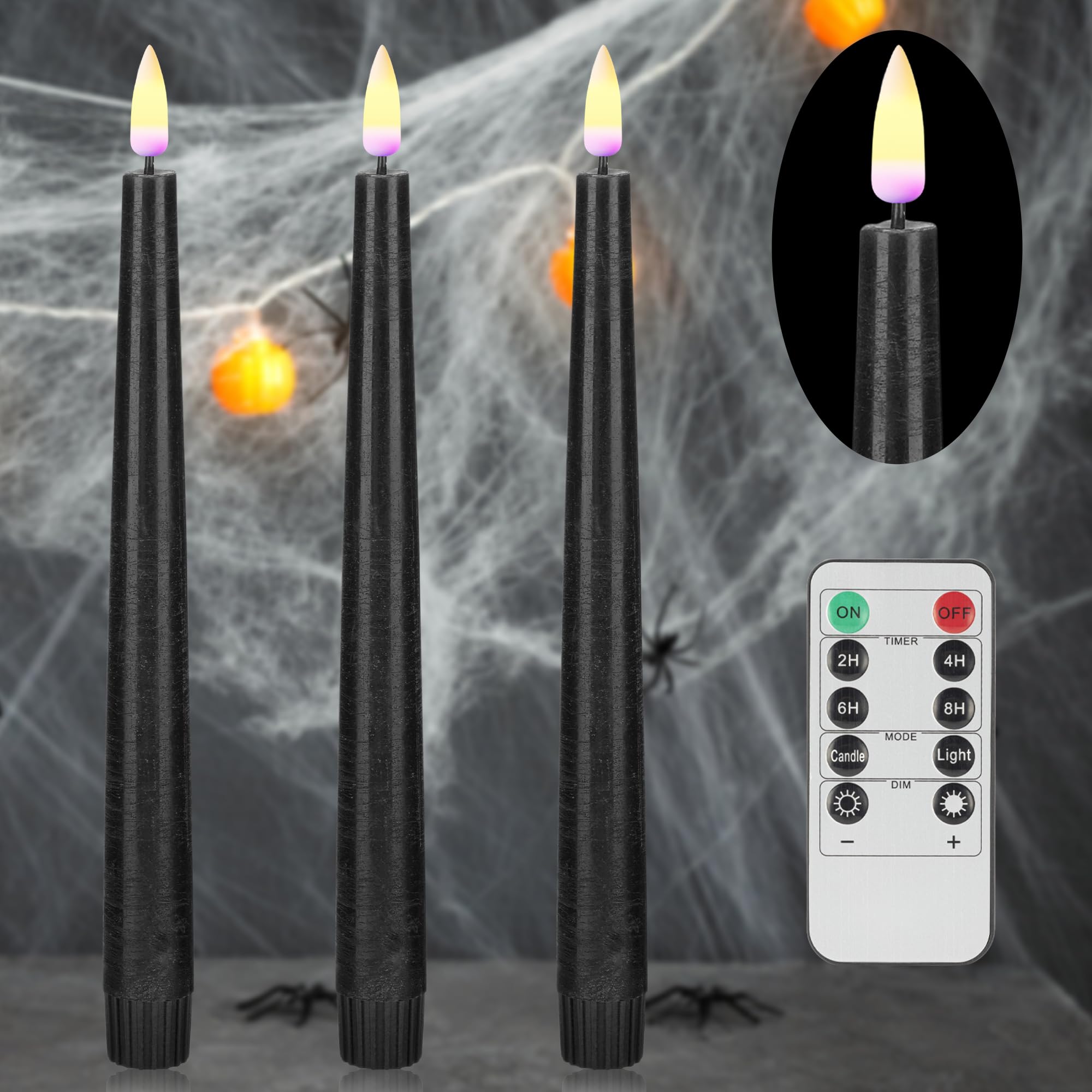 afineth black flameless taper candles flickering, 9.6”real wax halloween candles with remote & timer, 3 pack battery operated halloween led candles for party home decor