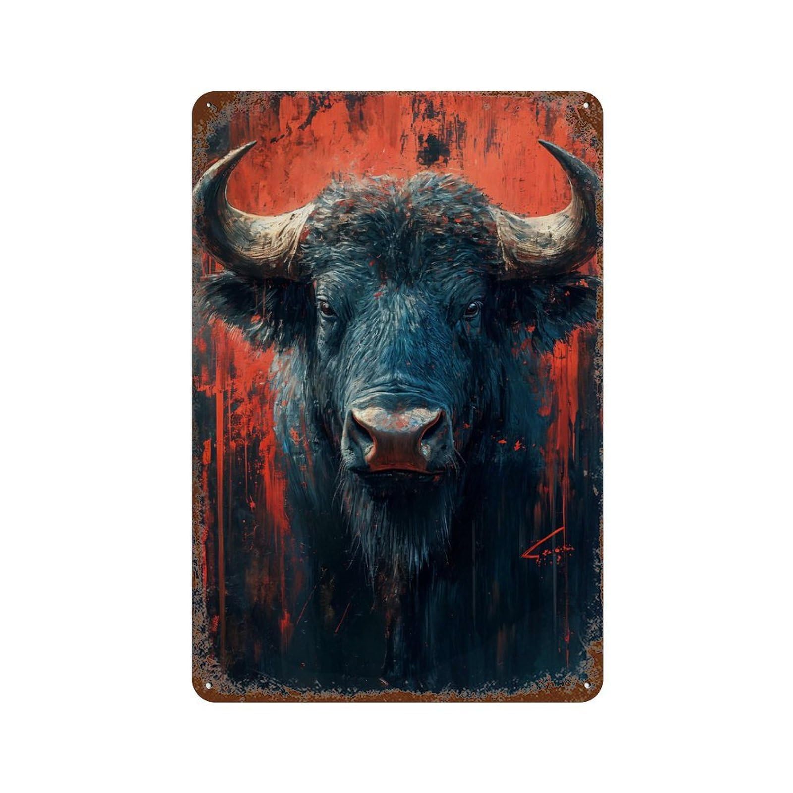 Dramatic Buffalo Portrait with Red Accents 11.8"x7.9" Weathered Tin Sign, Shabby Chic Decor for Farmhouse, Kitchen And Entryway Decor