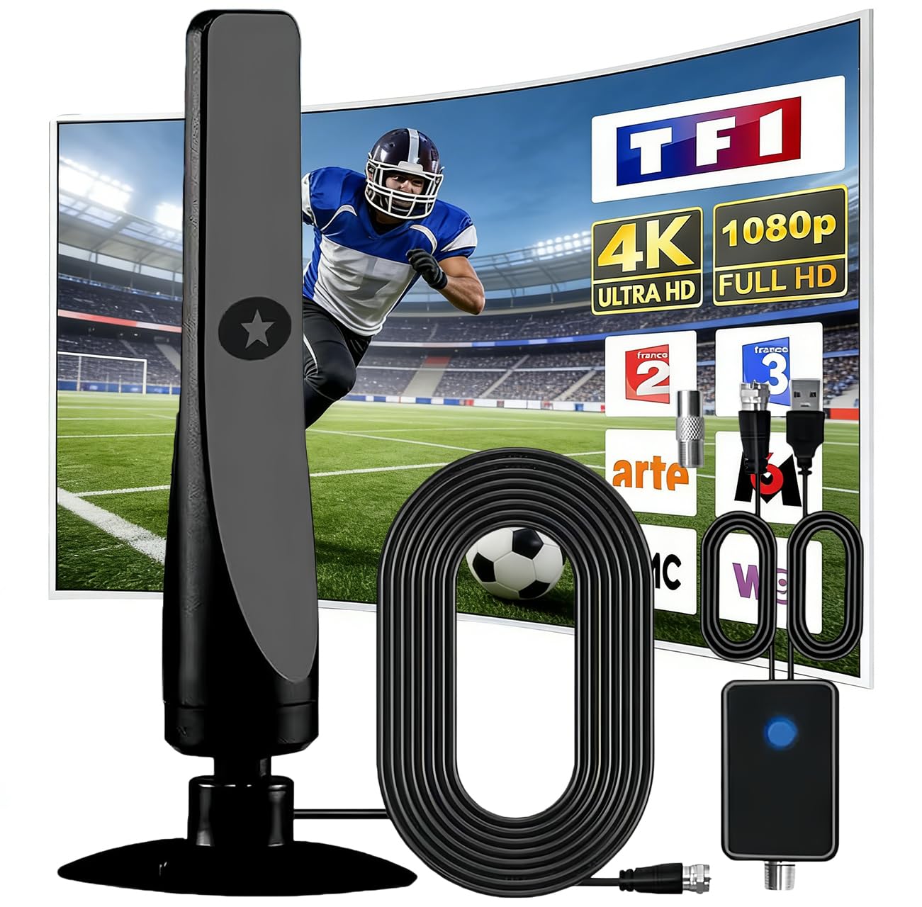 Antenne TV Intérieur Puissante, Antenne TNT HD Intérieure avec Amplificateur de Signal Intelligent, Câble Coaxial 3M, Compatible HD TV 1080P 4K VHF UHF, Réception Toutes Les Chaînes Gratuites