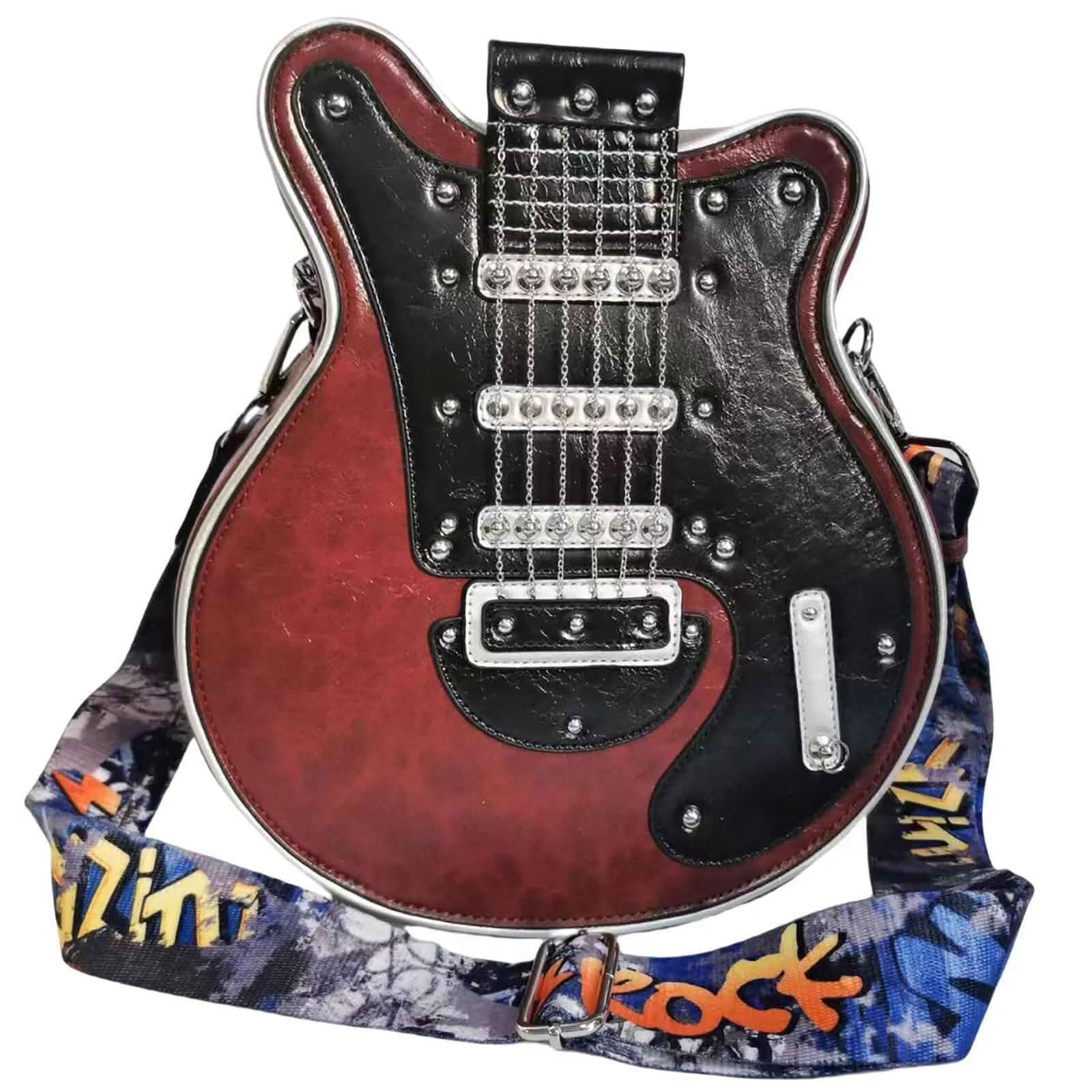 Novelty Guitar Purse, Unique Fun Shaped Crossbody Shoulder Bag Vegan PU leather; detachable adjustable shoulder strap, music rock style, with small & large size for couple or parent-child