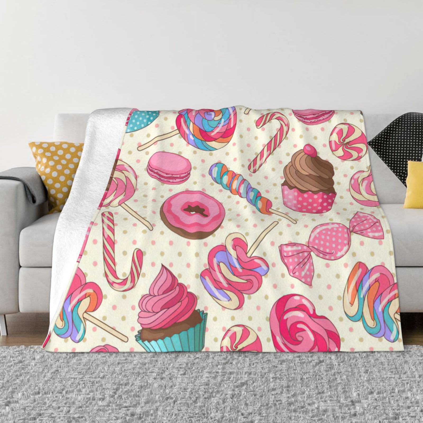 SDEGTHO Colorful Sweet Lollipop Cupcake Donut Printing Ultra Soft Micro Fleece Anti Pilling Flannel Sofa Blanket For Camping Travel