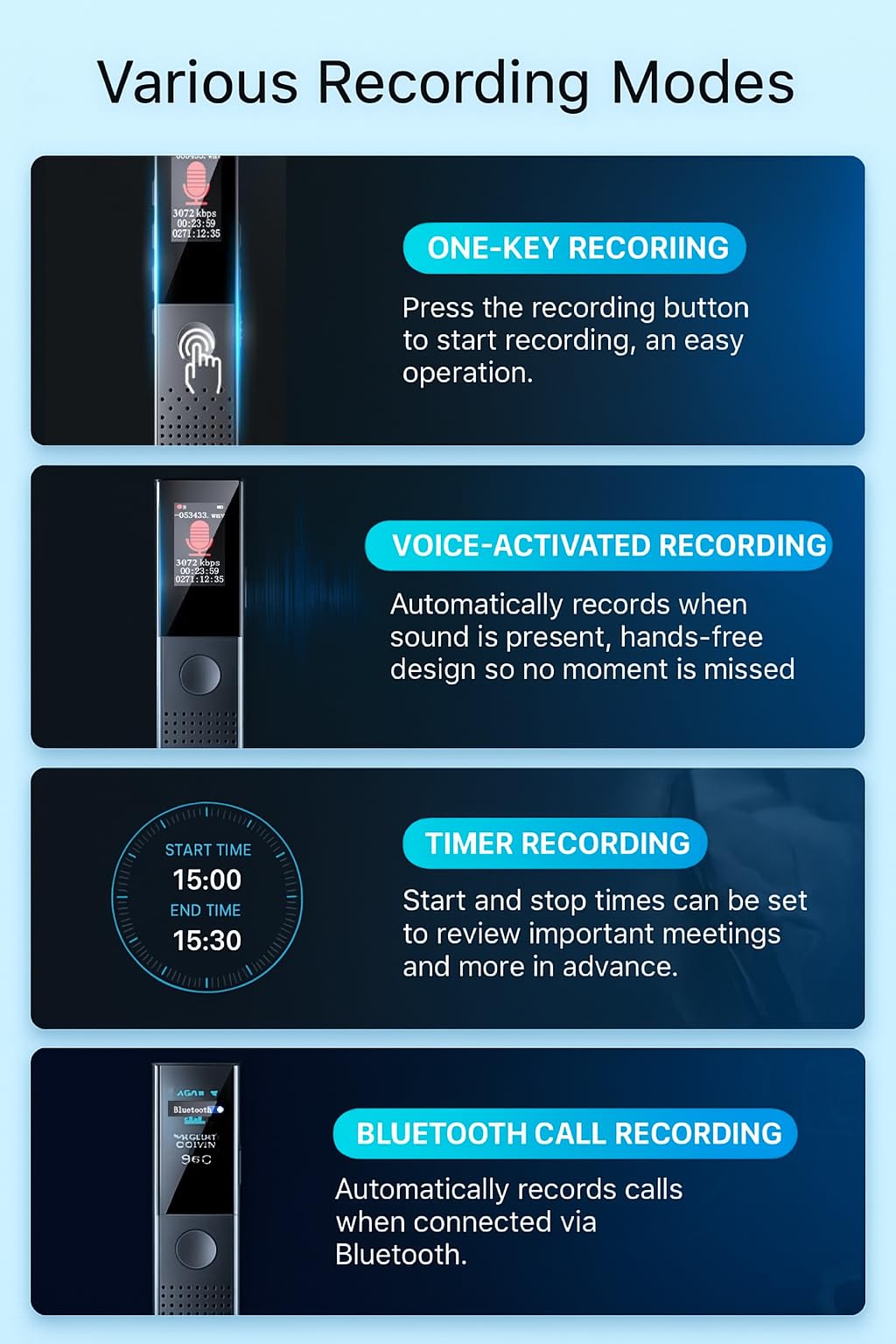 Digital Voice Recorder, Diktiergerät Aufnahmegerä mit Playback - 3072Kpbs One-Touch Audioaufnahmegerät mit Rauschunterdrückung für Klassen/Meeting/Interviews