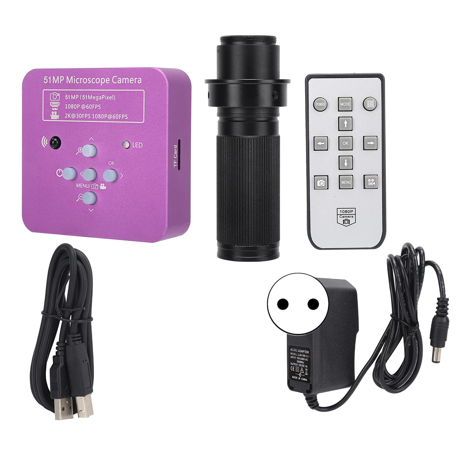 USB FHD Videocamera per Microscopio Elettronico Digitale Industriale da 51 MP Sensore CMOS da 1/2.33 Pollici Obiettivo con Attacco a C 120X Videocamera per Microscopio HDMI con Telecomando(EU Plug)