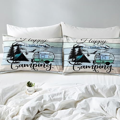 Vista 7 de Erosebridal Happy Camping - Juego de sábanas tamaño matrimonial para cámper, sábanas rústicas de casa de campo, accesorios de campamento, sábana