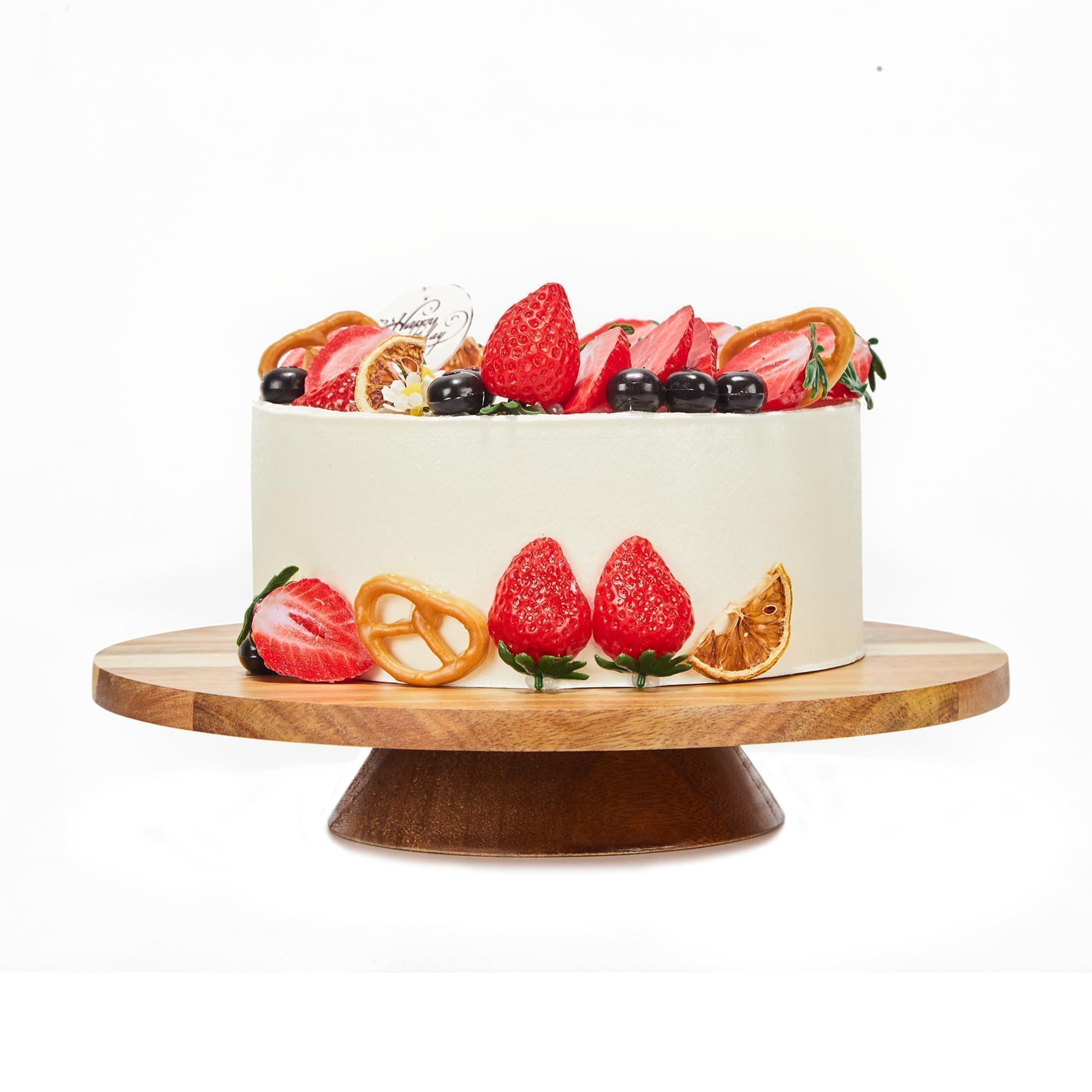 12" Acacia Wood Revolving Cake Stand, 2" High Rotating Cake Turntable, Wooden Rotating Display Stand for Cake, Cupcake Decorating Supplies