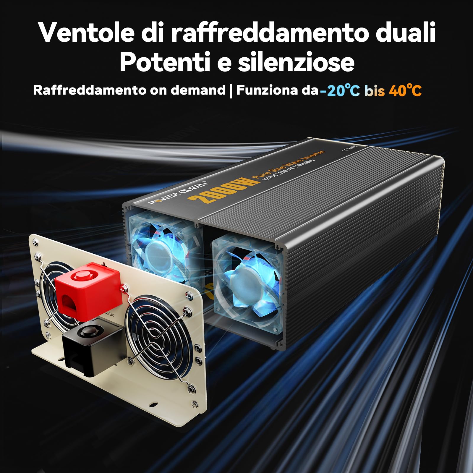 Power Queen Inverter da 2000 W, sinusoidale puro da 12 V su 230 V, con display LCD + telecomando, 2 prese AC, connettore USB + Tycp-C, inverter di potenza solare per camper, campeggio, barca