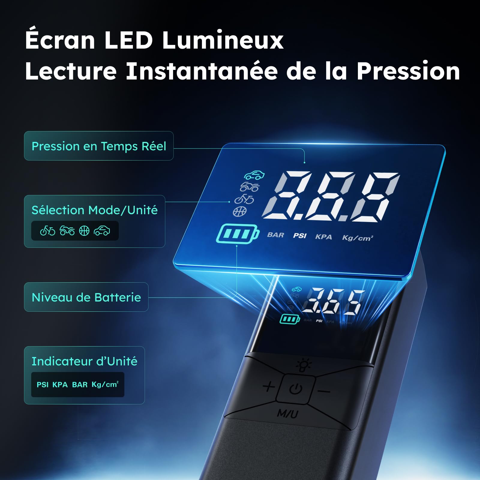 ASMAX T40 Compresseur d'air portable, 150 PSI Gonfleur de pneus | Avec écran numérique flottant, arrêt automatique intelligent, lumière LED, pompe à air pour voiture, moto, vélo et ballons