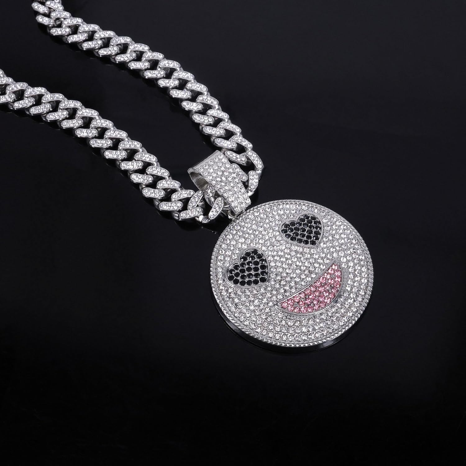 Smiling Face Hip-hop Cuban Chain, Rhinestone Pendant Necklace Jewelry For Men，Men's Fashion Jewelry Silver golden - Image 3