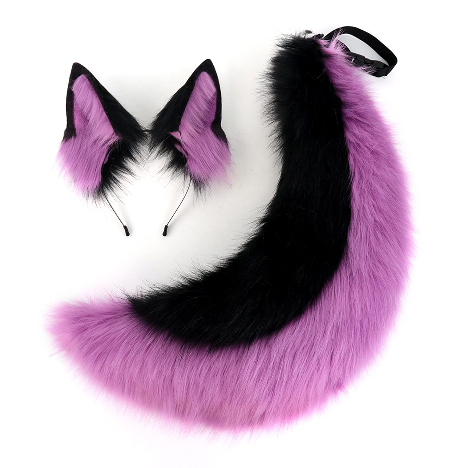 Faux Fur Wolf Ears Headband & Furry Tail Set Realistic Wolf Costume Accessories for Halloween, Cosplay,Parties: Medium Purpleblack