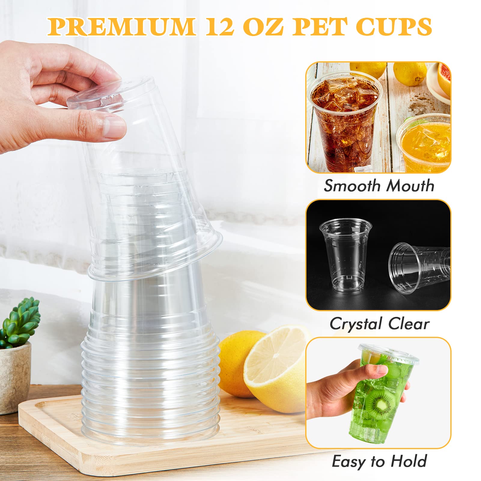 50 Transparente Eiskaffeebecher Mit Deckel, 340 Ml, PET-Einwegbecher Mit Rundem Boden