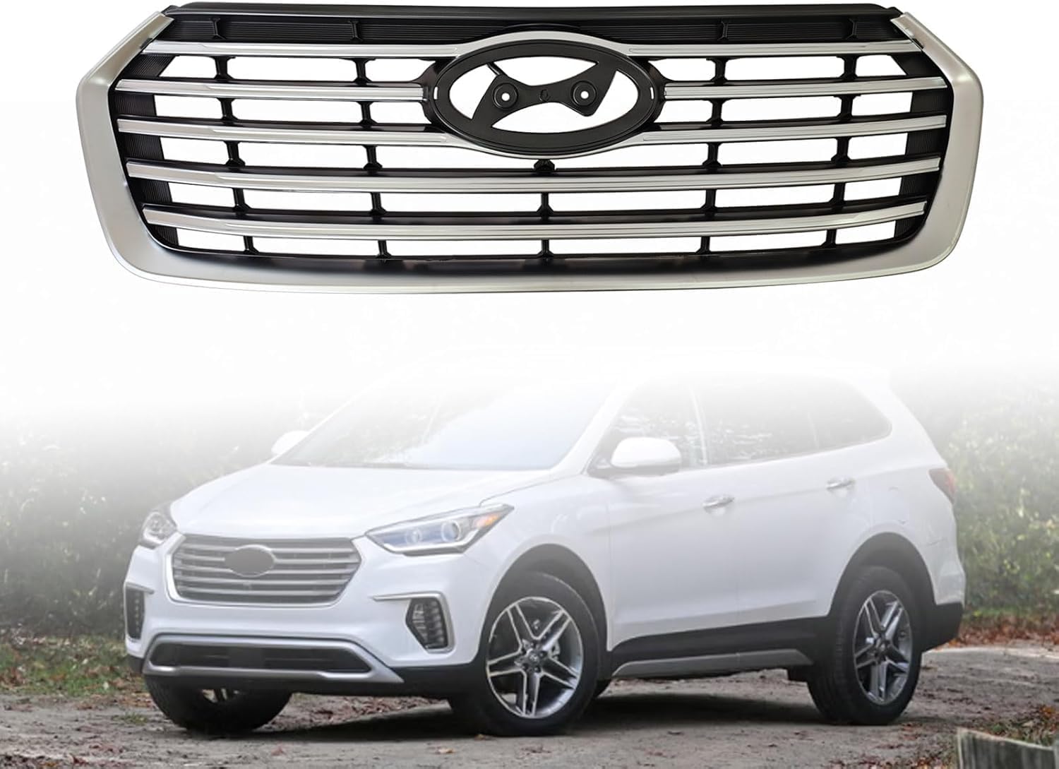 Front Upper Grille Grill Compatible with Hyun-dai Santa Fe XL 2017 2018 2019 Replacement for 86350B8BB0, HY1200205 Chrome Black+Silvery
