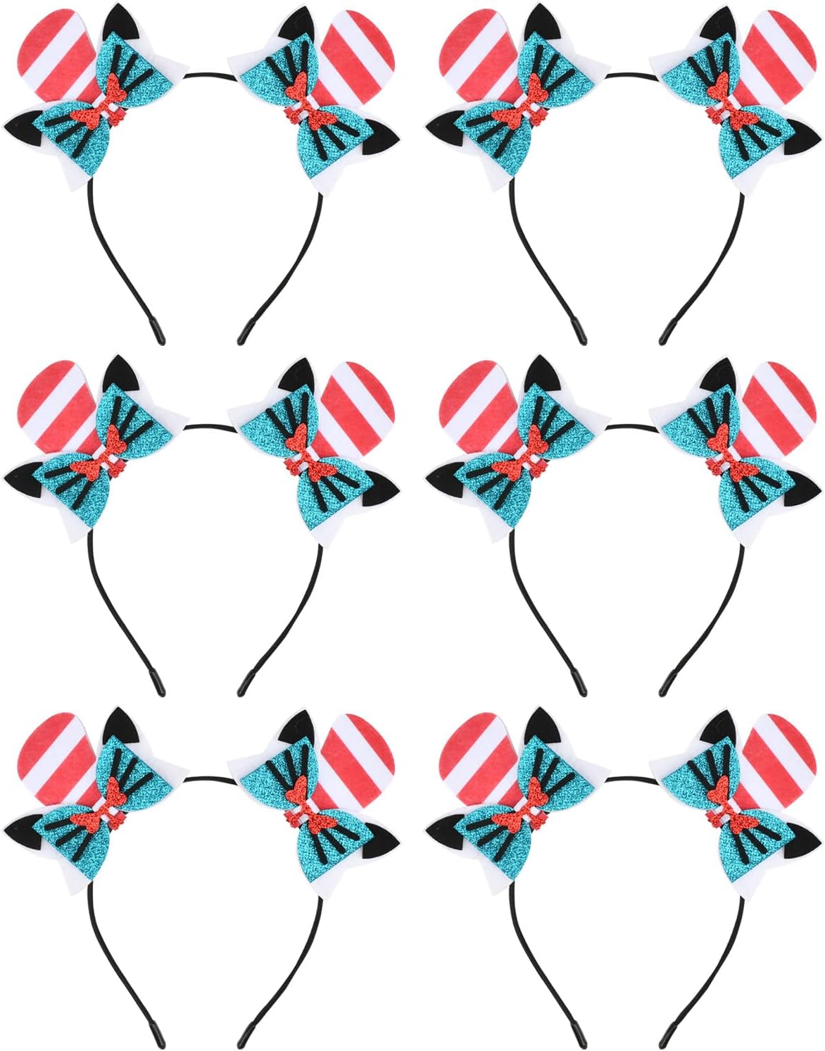 HODRME Cat Bow Headbands with Dr Hat Design, Red, White, and Teal Glitter, 6 Pack