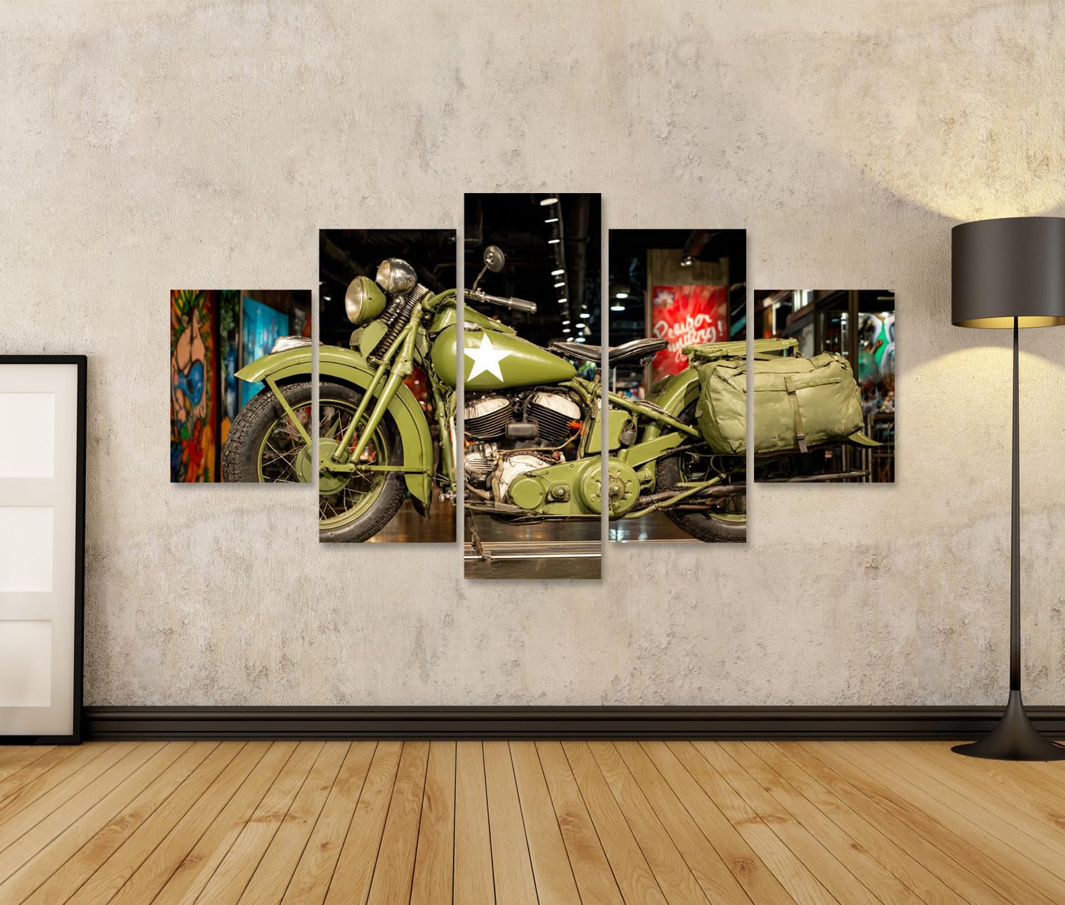 islandburner Bild auf Leinwand Olivegrünes WWII Motorrad mit Gepäckträger für Sammler - 5-teilig