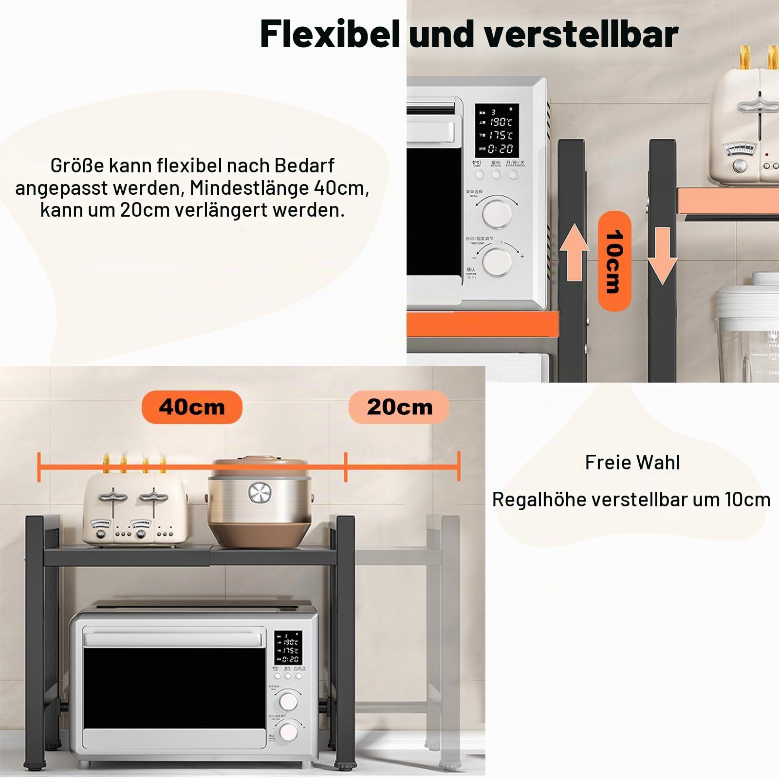 ViWaVee Erweiterbares Mikrowellen Regal 2 Stufig, Mikrowellenregal aus Kohlenstoffstahl, Küchenregal Stehend mit Stäbchenhalter und Schneidebretthalter, Ausziehbar von 40-60cm, Schwarz