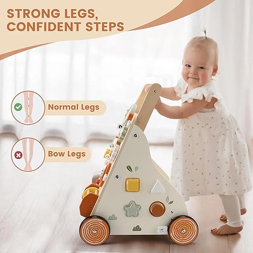 Miniatura 7 de Andador de madera para bebés, andador de empuje para bebés con centro de actividades para niñas y niños, juguetes para bebés que aprenden a caminar,
