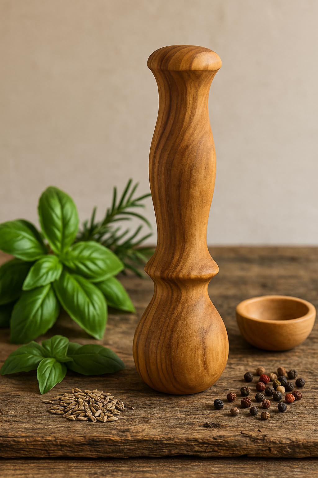 Maza de Mortero Marrón de Madera de Olivo Rústico, 14 cm