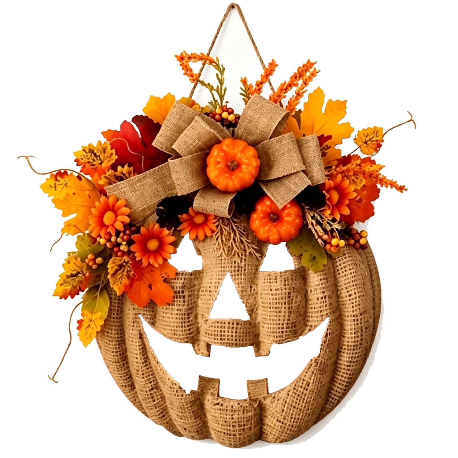 LKHYUKU Twinkle Pumpkins, Lighted Burlap Pumpkin Wreath with Remote Control (A#) | Farmhouse Fall Wreath, 8-Mode LED Fall Door Decor, Halloween Autumn Wreath for Porch Home Decor