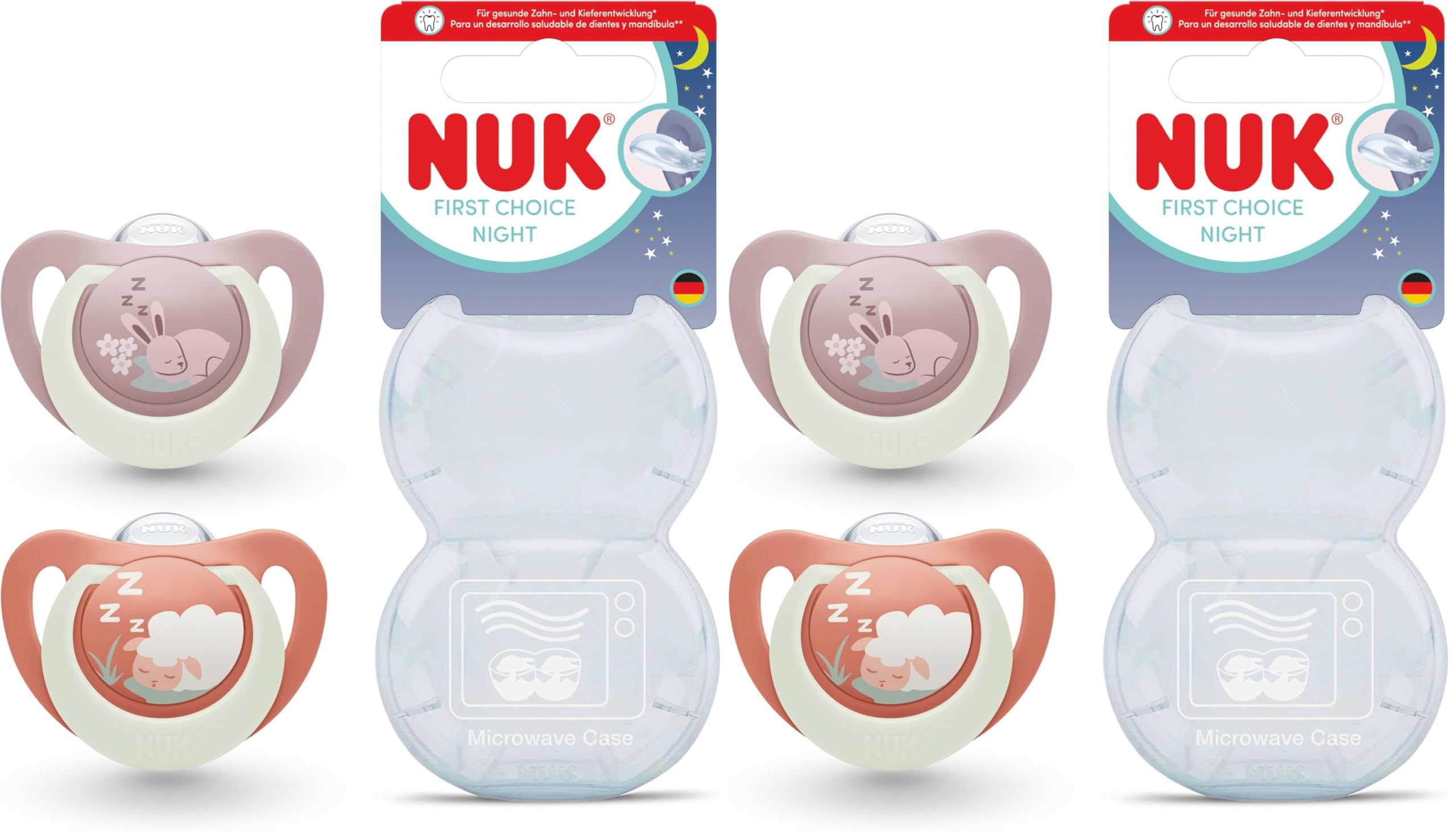 NUK First Choice Night Baby Schnuller | 0-6 Monate | Orthodontische Beruhigungssauger, die im Dunkeln leuchten | Beruhigt 99 % aller Babys** | Kaninchen/Schaf | 0-2 Stück (Packung mit 2)