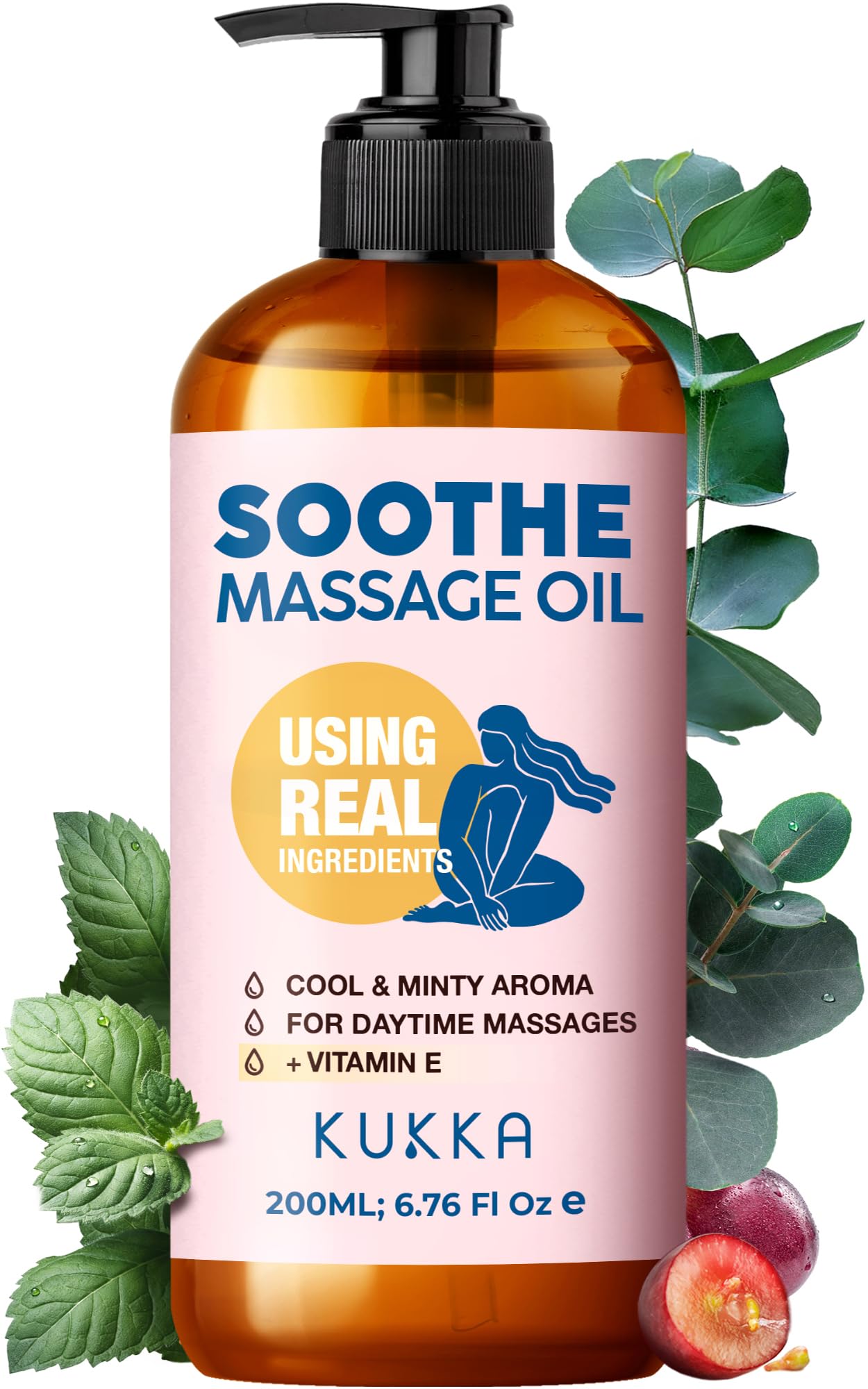 KUKKA Soothe Massage Oil for Muscle Relaxing - 6.76 fl oz - Instantly Comforts for Full Body Relaxation - Warming Sensation with Peppermint Eucalyptus - Infused with Vitamin E and Natural Extracts