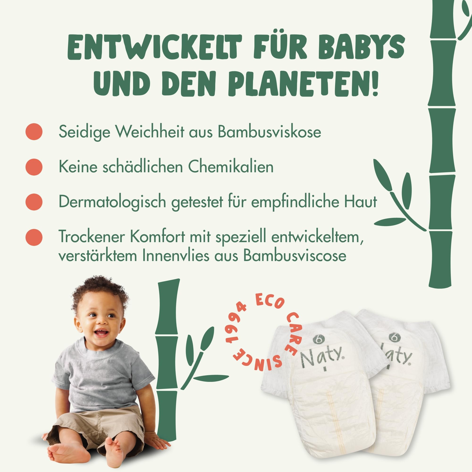 Naty Bamboo Windeln Pants aus Bambus-Viskose – Seidenweich, pflanzenbasierte Höschenwindeln, Dermatologisch getestet für empfindliche Haut & super saugstark (Größe 6, 68 Stück)
