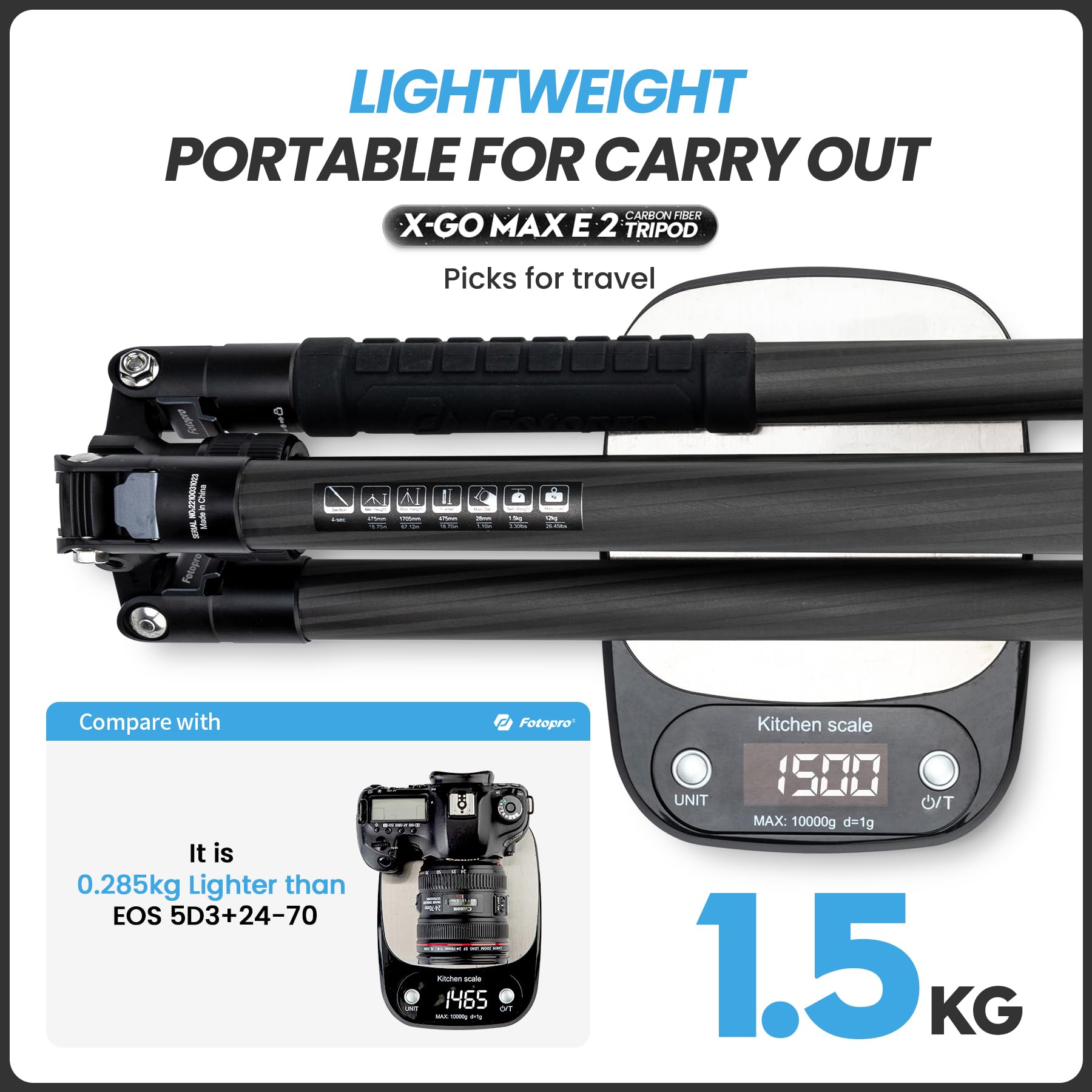 Fotopro Trépied en fibre de carbone de 172,7 cm pour appareil photo, trépied de voyage léger avec tête sphérique, monopode amovible avec plaque à dégagement rapide et sac, charge jusqu'à 12 kg