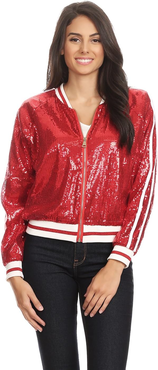 Anna-Kaci Womens Long Sleeve Front Zip Track Stripe Sequin Bomber Jacket