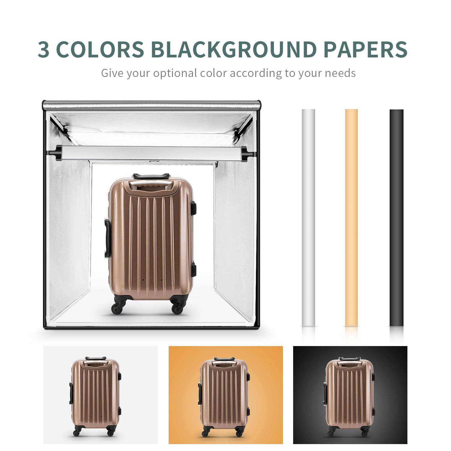 Kit Tenda Studio 80x80x80cm Fotografico Portatile con 2 strisce di LED regolabili 3 Panni Sfondi (Bianco, Nero, Arancione)