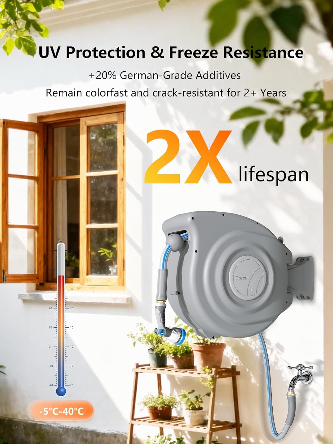 Retractable Garden Hose Reel 5/8 in x 65 ft Heavy Duty Automatic Water Hose Reel with 10-Function Sprayer Nozzle Kink-Free Auto Rewind Any-Length Lock 180° Swivel UV Resistant - Light Gray