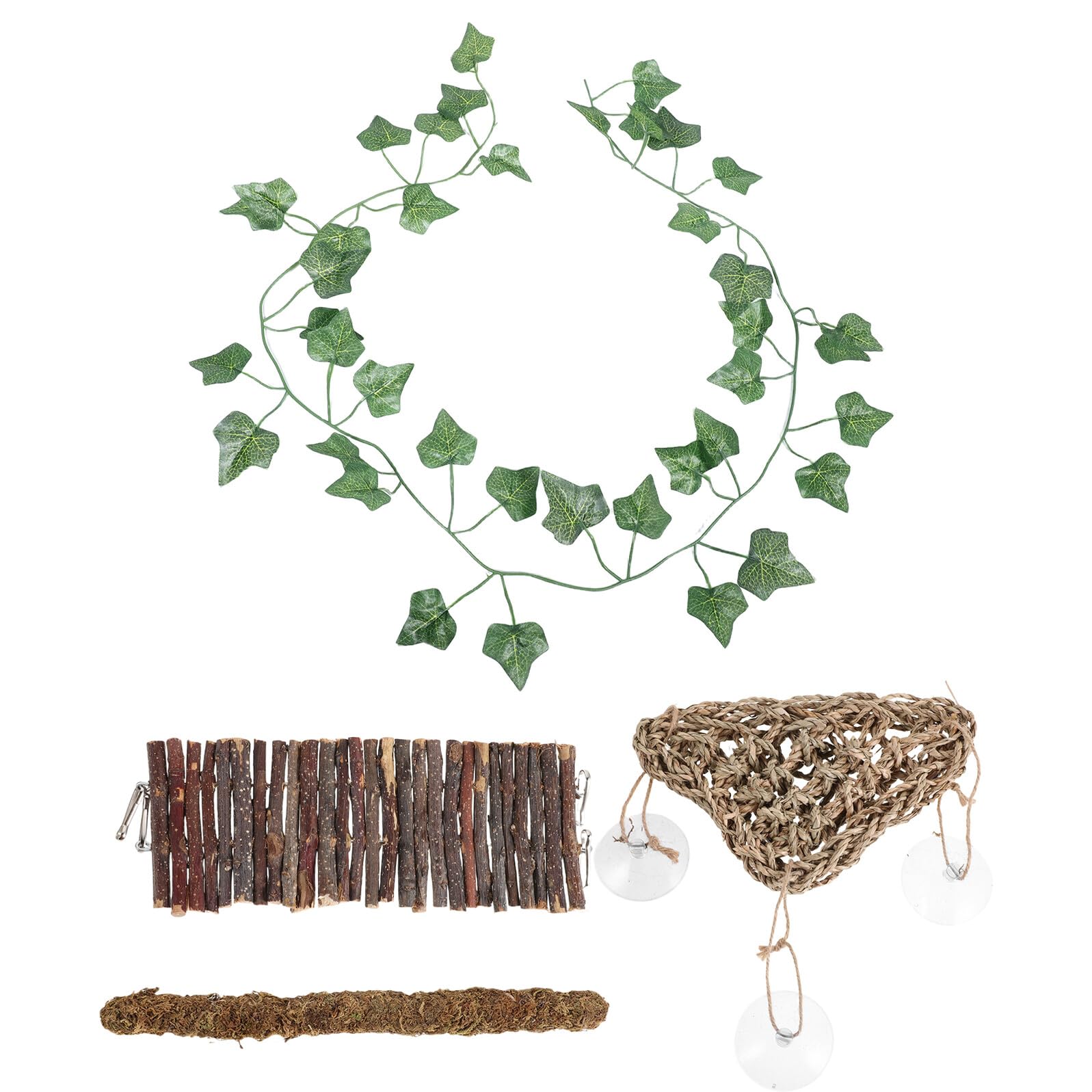 Puente de Madera para Lagartos 4 Piezas Hamaca Triangular, Enredaderas de Musgo y Decoración Herbal, Accesorio de Terrario para Reptiles, Escalera y Decoración para Tanque