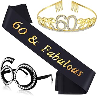 60th Birthday Crown, Satin Sash and Crystal Frame Eyeglasses Set for 60th Birthday Party Decorations Supplies