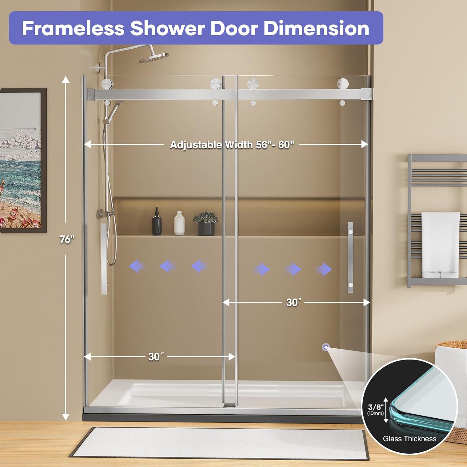 Shower Door,60" W x 76" H Frameless Shower Door,Double Sliding Shower Door with Premium 3/8" (10mm) Thick Tempered Glass, Stainless Steel, Brushed Nickel