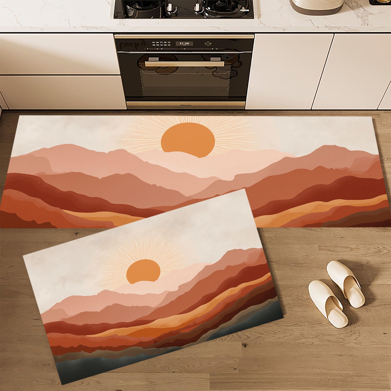 Juego de alfombras de cocina minimalistas con estampado terracota de amanecer montañoso