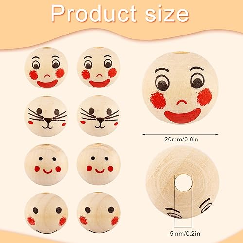 Miniatura 2 de 100 cuentas de madera de cara, cuentas de madera redondas naturales creativas de 0.8 pulgadas con agujero, cuentas de madera para hacer pulseras,