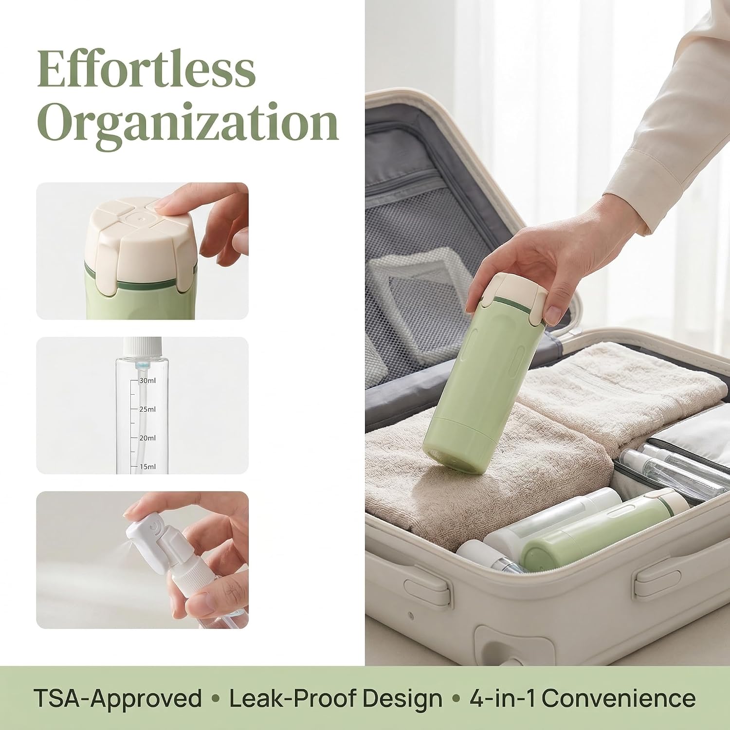4 in 1 Travel Dispenser Bottle Set, TSA Approved Leak Proof Press Pump for Shampoo Conditioner Lotion, Portable Refillable Toiletry Containers 4x30ML (Green,1)