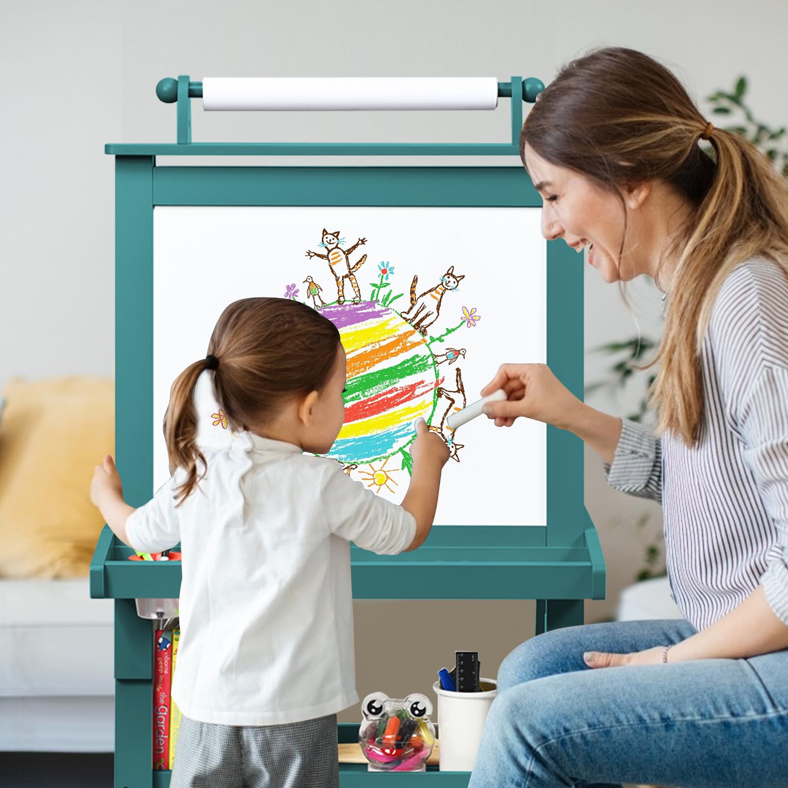 RELAX4LIFE 3 in 1 Lavagna per Bambini, Cavalletto Pittura a Doppia Faccia, Lavagna Magnetica con Rotolo di Carta, Giocattolo Educativo 3+ Anni (Blu)