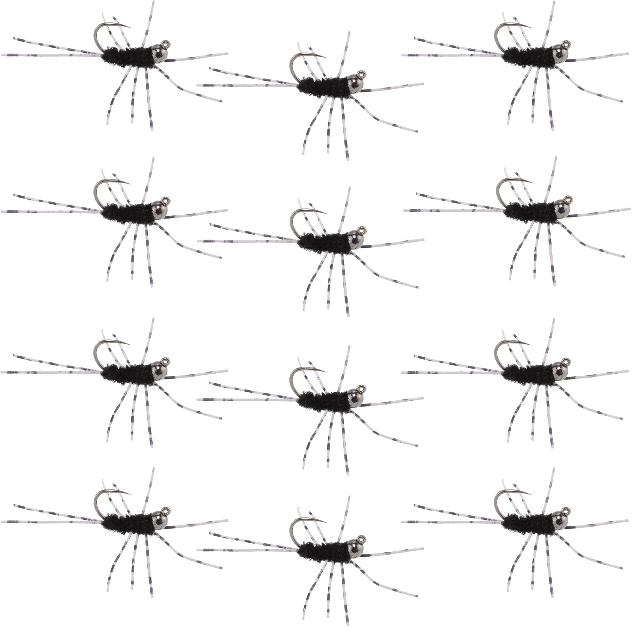 The Fly Fishing Place Tungsten Bead Jigged Pat's Rubber Legs Nymph - Black with Barred Legs - 12 Flies Hook Size 6