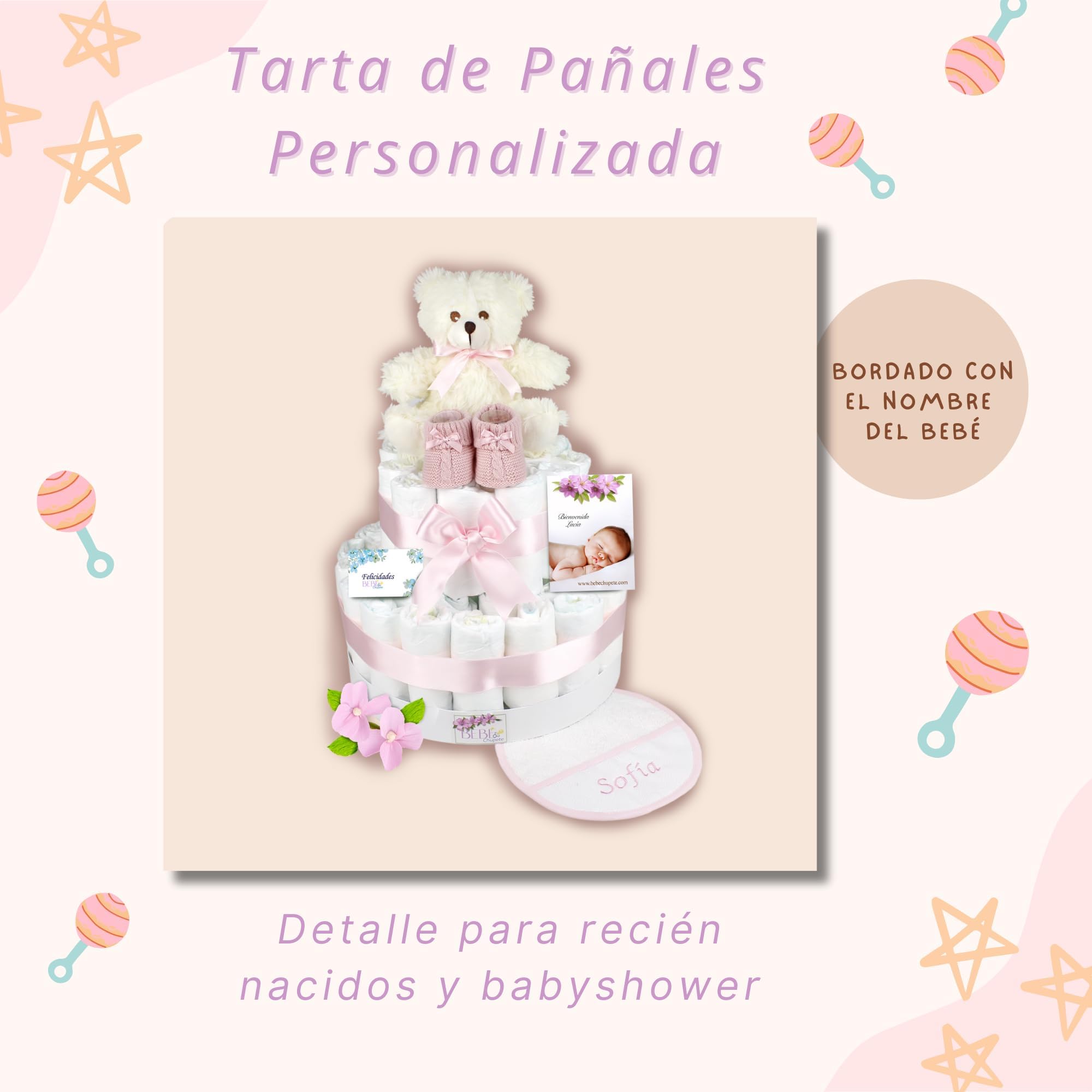 BEBÉCHUPETE Tarta de Pañales DODO T 60 Pañales- Pañales Recién Nacido Sensitive Talla 2 de 4 a 8 kg, Tarta Pañales Bebe con Babero Bordado con Nombre, Regalo Bebe Recien Nacido, Canastilla Bebe (Rosa)
