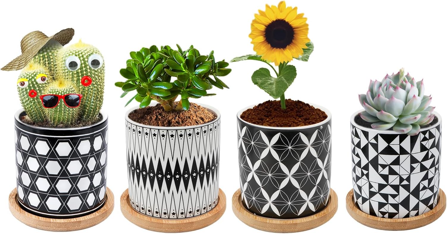 URbazaaar Flower Pots, Plant Pots, Indoor Planters with Drain Holes and Tray,Modern Style Marbling Ceramic Planter Pots - Set of 4